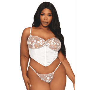 Bustier blanc avec armatures grande taille, en satin et dentelle florale