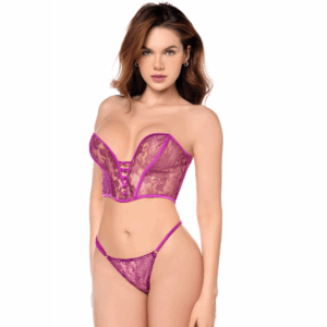 Ensemble sexy 2 pièces bustier & string en dentelle satinée